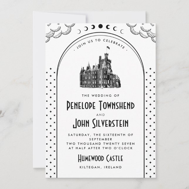 Invitación Boda de Castillo Blanco Negro Arte Deco Gótico (Anverso)
