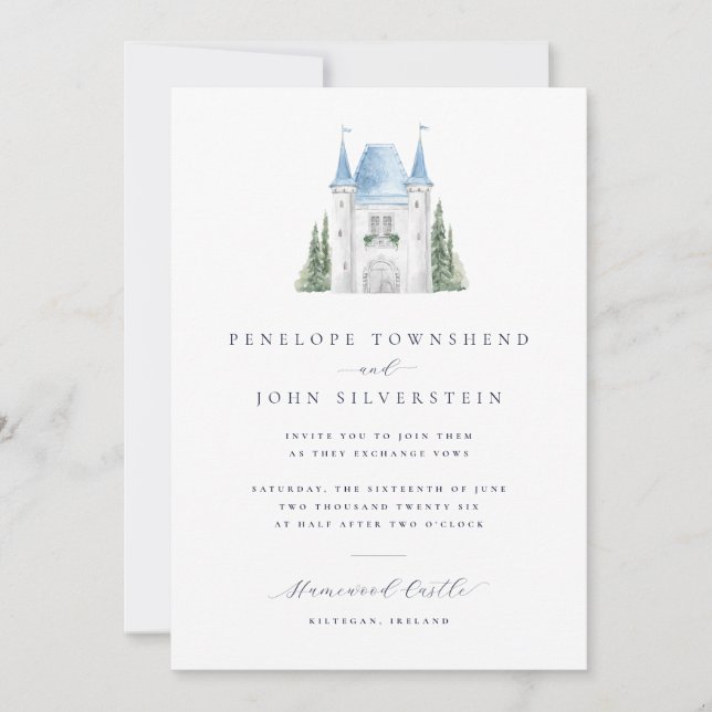 Invitación Boda de Castillo de Acuarela Romántica (Anverso)