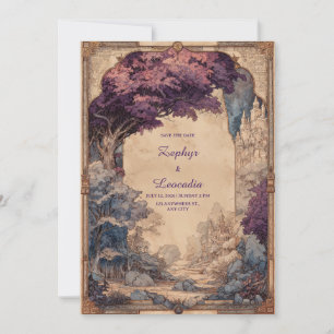 Invitación Boda de Castillo de Árbol Púrpura de Fantasía Vint