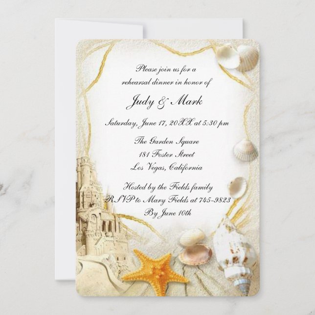 Invitación Boda de Castillo de Arena Beach Cena de Ensayos (Anverso)