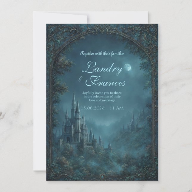 Invitación Boda de castillo de fantasía gótica teal iluminada (Anverso)