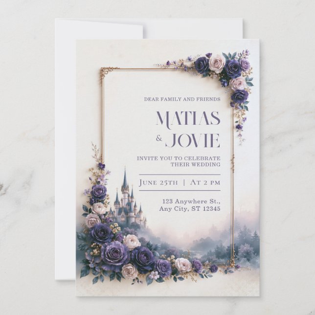 Invitación Boda de Castillo de Rosa Lavanda Marco (Anverso)