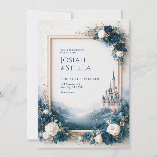 Invitación Boda de Castillo Lago Rosa Zafiro Marco (Anverso)
