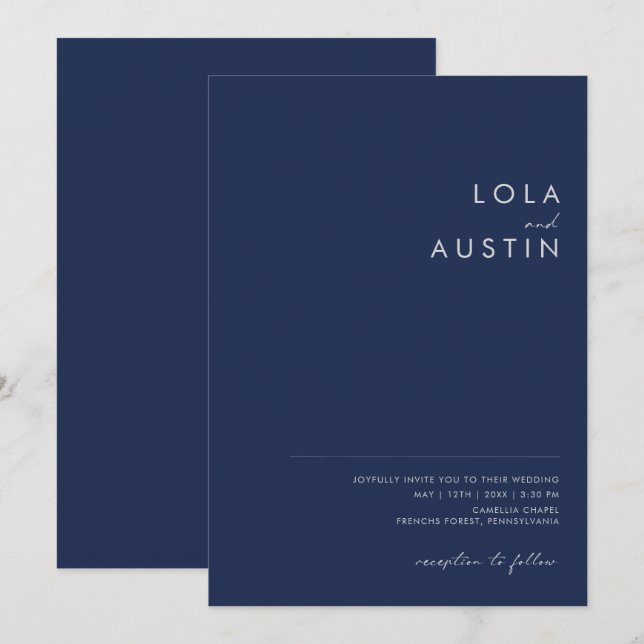 Invitación Boda de Casual de Plata Azul de la Marina Minimali (Anverso / Reverso)