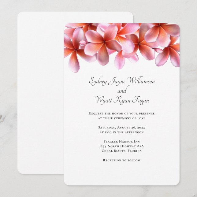 Invitación Boda de Casual Floral Rosa Plumeria de Hawái (Anverso / Reverso)