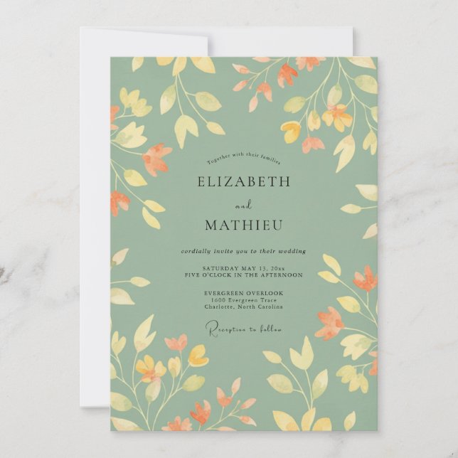 Invitación Boda de Celadón con Hojas Ocres (Anverso)