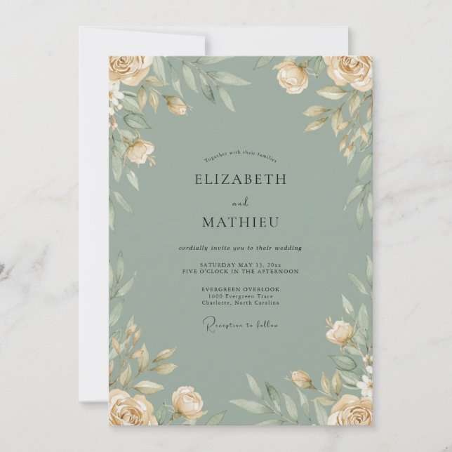 Invitación Boda de Celadón con Hojas y Crema (Anverso)