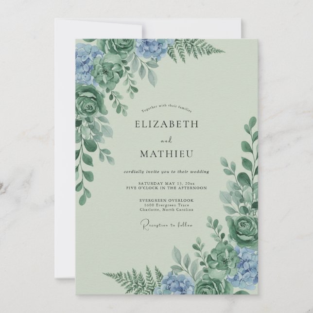 Invitación Boda de Celadón Cornflower Follaje Eucalipto (Anverso)