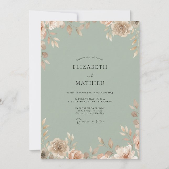Invitación Boda de Celadón Hoja de Melocotón (Anverso)