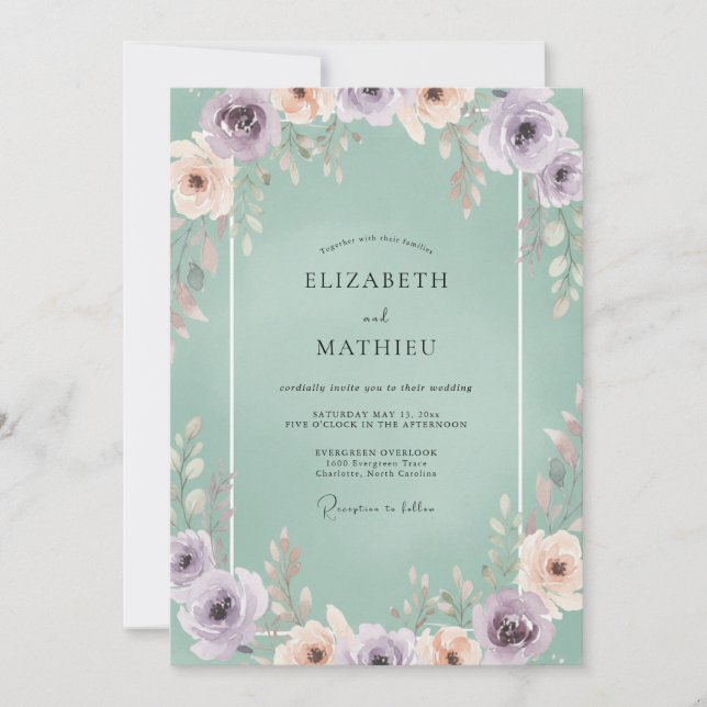 Invitación Boda de Celadón Lila Malva Peonía (Anverso)