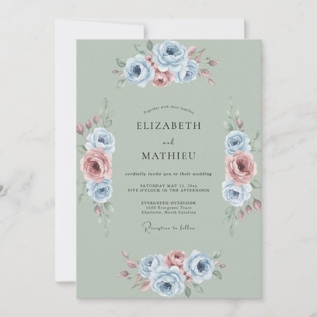 Invitación Boda de Celadón Malva Peonía (Anverso)