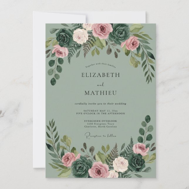 Invitación Boda de Celadón, Malva, Suculentas y Eucalipto (Anverso)