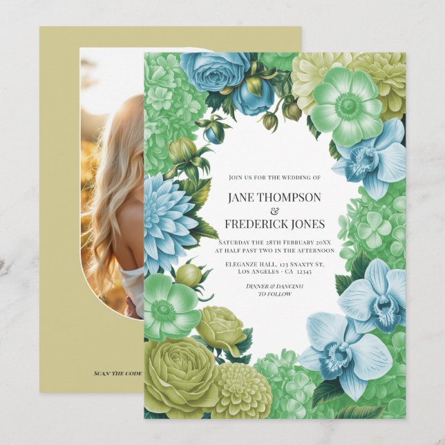 Invitación Boda de Celadon Mist, Soft Fern y Porcelain Blue (Anverso / Reverso)