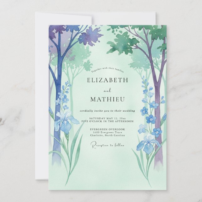 Invitación Boda de Celadón, Periwinkle y Eucalipto del Bosque (Anverso)