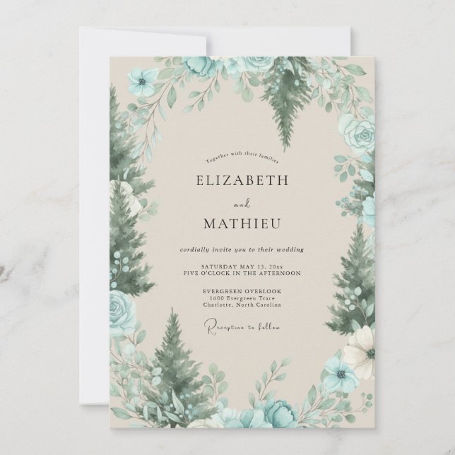 Invitación Boda de celadón pino bosque eucalipto (Anverso)