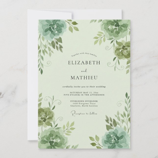 Invitación Boda de Celadón Ranunculus Eucalipto (Anverso)
