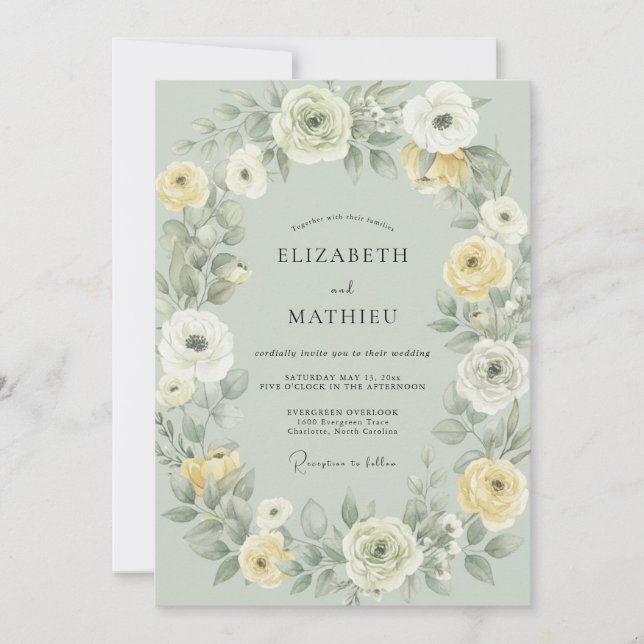 Invitación Boda de Celadón Ranunculus Eucalipto Amarillo Mant (Anverso)