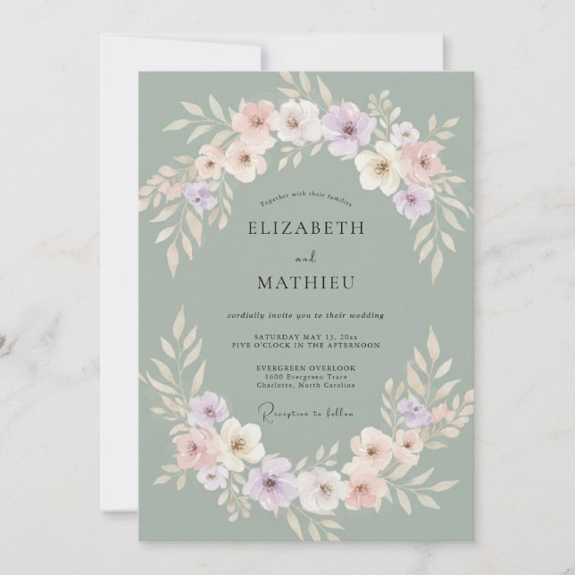 Invitación Boda de Celadón Rosa Pálido Peonía (Anverso)