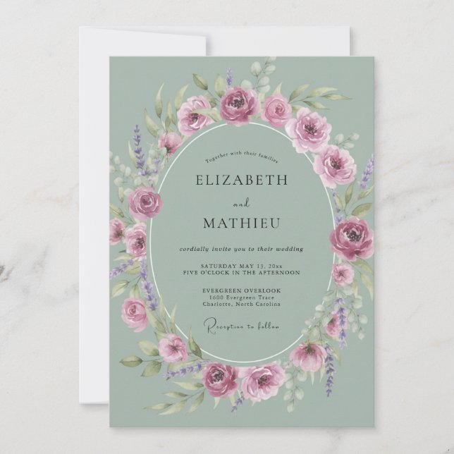 Invitación Boda de Celadón Suave Malva Peonía (Anverso)