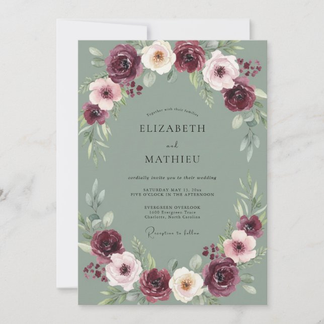 Invitación Boda de Celadón y Ciruela Peonía (Anverso)