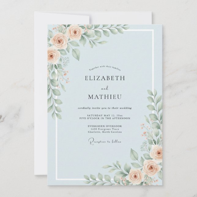 Invitación Boda de Celeste Melocotón Peonía (Anverso)