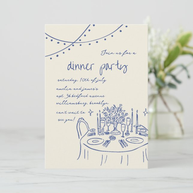 Invitación Boda de cena caprichosa manuscrita y dibujada a ma (Anverso de pie)