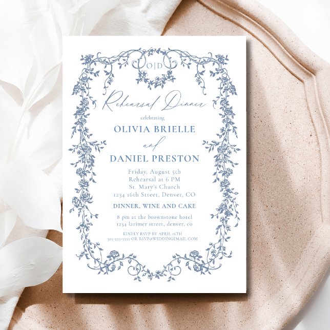 Invitación Boda de cena de ensayo azul victoriano (Subido por el creador)
