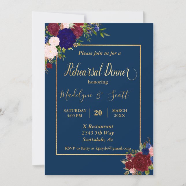 Invitación Boda de cena de ensayo de la Marina Borgoña de oro (Anverso)