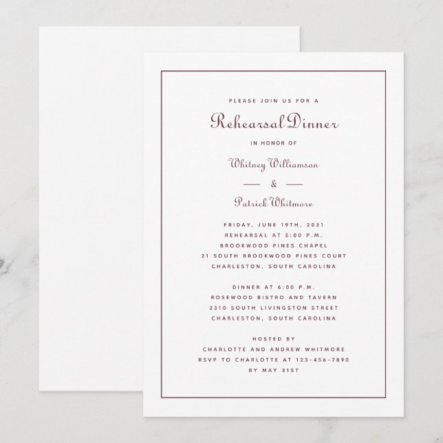 Invitación Boda de cena de ensayo elegante guión de Borgoña (Anverso / Reverso)
