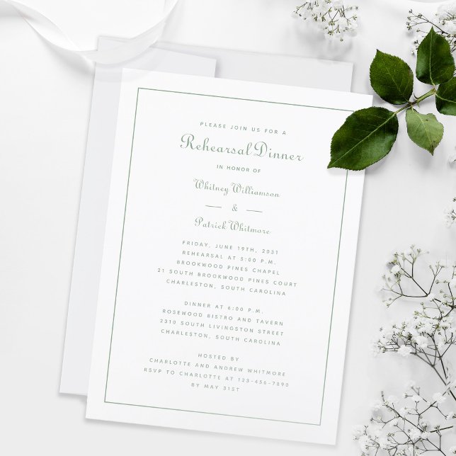 Invitación Boda de cena de ensayo Elegante guión Sage Blanco (Formal Rehearsal Dinner Wedding Elegant Script Sage White Invitation)