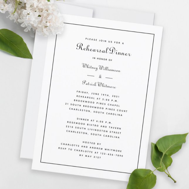 Invitación Boda de cena de ensayo elegante negro y blanco (Subido por el creador)