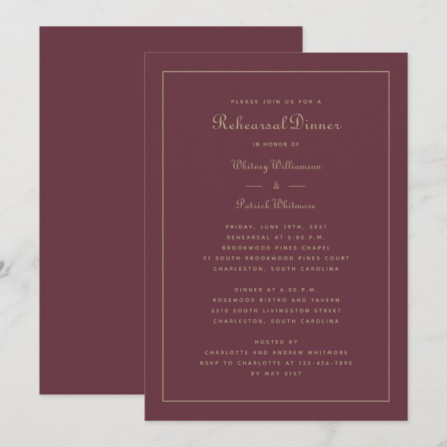 Invitación Boda de cena de ensayo elegante oro de Borgoña (Anverso / Reverso)