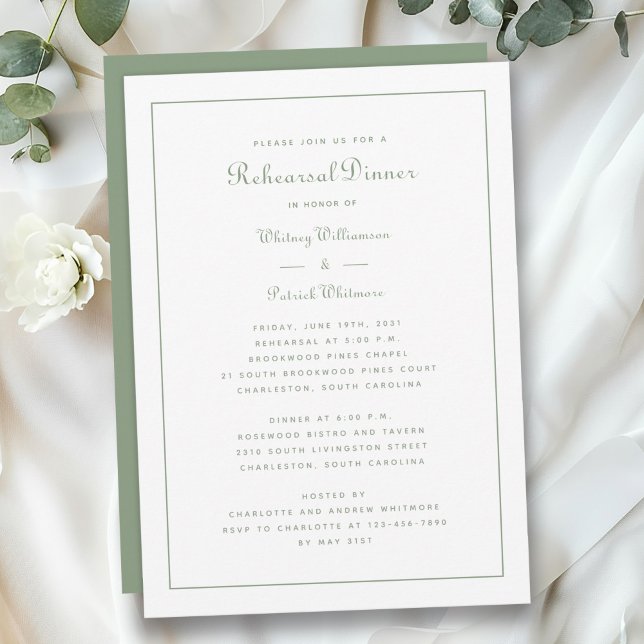 Invitación Boda de cena de ensayo Sage Green Elegant Script (Rehearsal Dinner Wedding Sage Green Elegant Script Invitation)