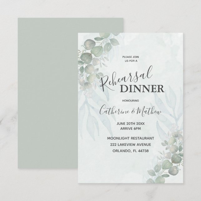 Invitación Boda de cena de ensayo verde de eucalipto ruso (Anverso / Reverso)