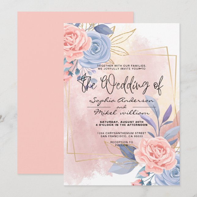 Invitación Boda de Cepillo Rosado y Azul de Oro Floral Presup (Anverso / Reverso)