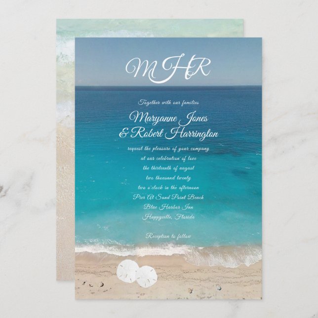 Invitación Boda de ceremonias de la playa de agua azul invita (Anverso / Reverso)