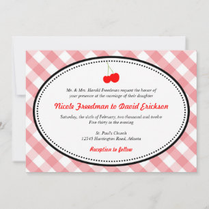 Invitación boda de cereza roja rústica gingham rosa
