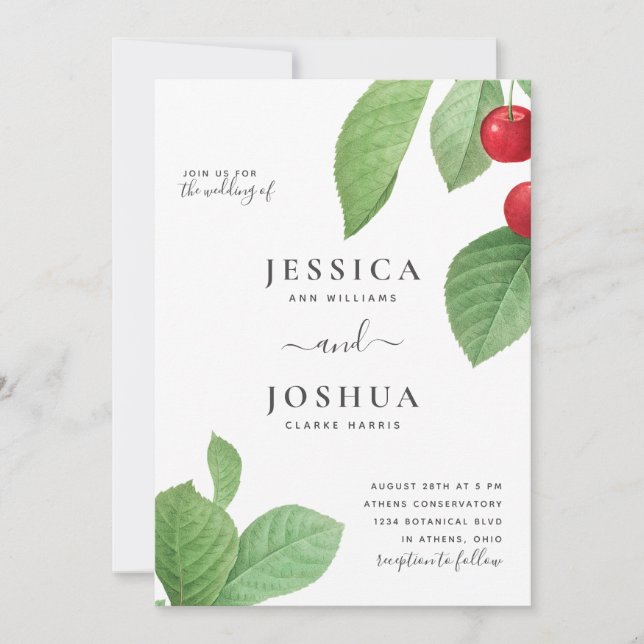 Invitación Boda de cerezas de Ilustracion botánico de época (Anverso)