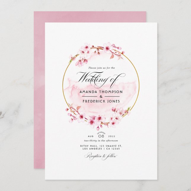 Invitación Boda de cerezo de cerezo rosado geométrico (Anverso / Reverso)
