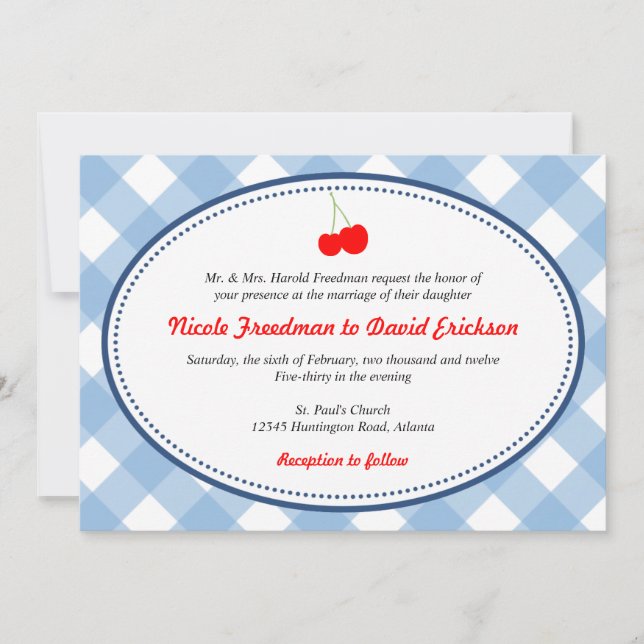 Invitación Boda de cerezo rojo rústico de ginebra azul (Anverso)