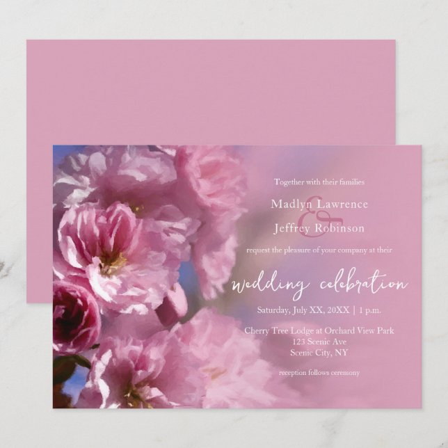Invitación boda de cerezo rosa en flor en primavera (Anverso / Reverso)