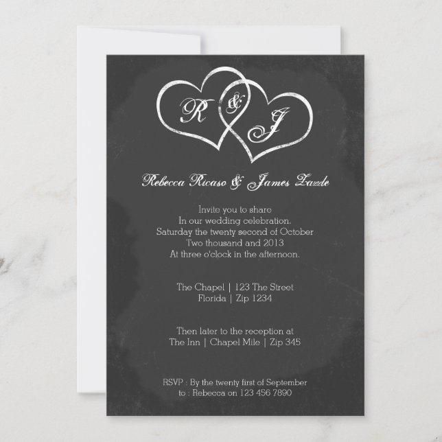 Invitación Boda de Chalkboard Heart Doodle (Anverso)