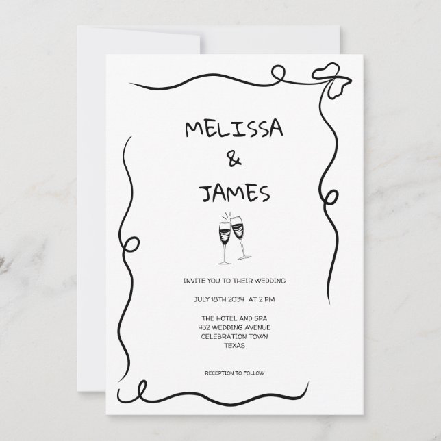 Invitación Boda de Champagne Caprichosa Dibujada a Mano (Anverso)
