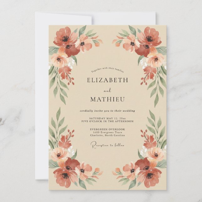 Invitación Boda de Champagne con Amapolas de Terracota (Anverso)
