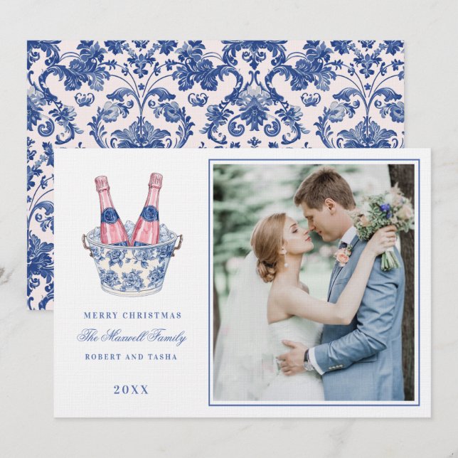 Invitación Boda de champagne rosa y azul (Anverso / Reverso)