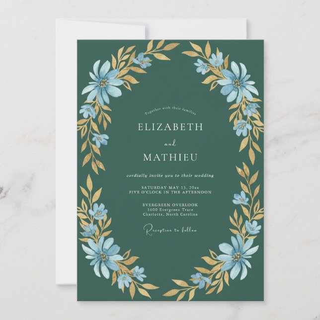 Invitación Boda de Champagne Teal con Hoja de Oro (Anverso)