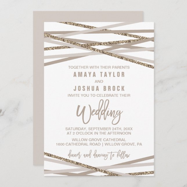 Invitación Boda de Champagne y Ivory Streamers (Anverso / Reverso)