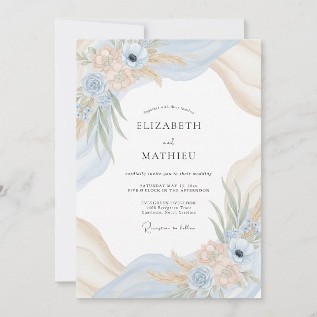 Invitación Boda de champán azul eucalipto (Anverso)