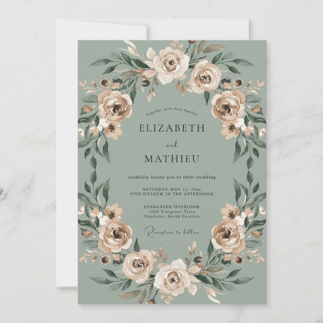 Invitación Boda de champán celadón con follaje de eucalipto (Anverso)