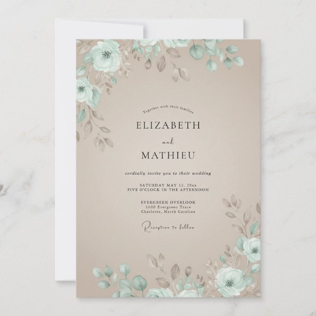 Invitación Boda de champán con follaje de eucalipto suave esp (Anverso)